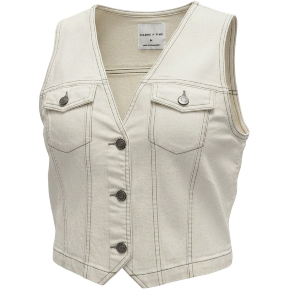 Celebrity Pink Womens Natural Denim Vest Off White Button Front Size M Festival